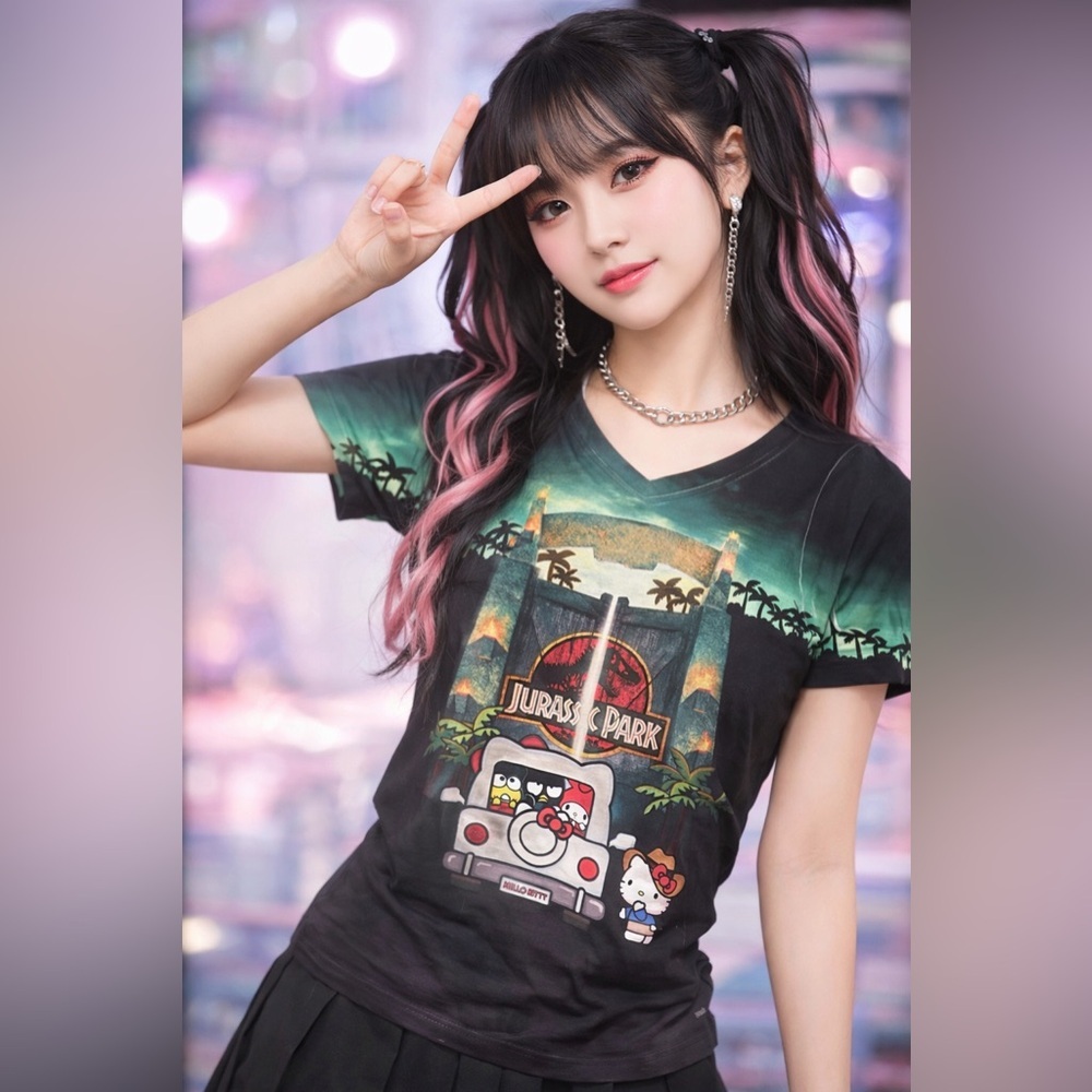 Hello Kitty x Jurassic Park Graphic Tee Size M Y2K Kawaii Pop Culture Shirt